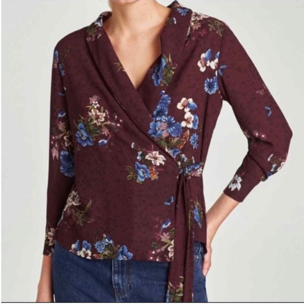 Zara Women Maroon/Blue Floral Design Wrap Kimono Blouse Size Small